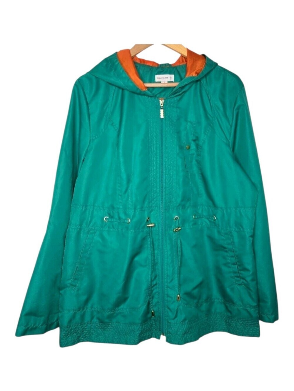 Susan Graver Womens Green Outdoor Hooded Windbreaker Rain Jacket Size Large